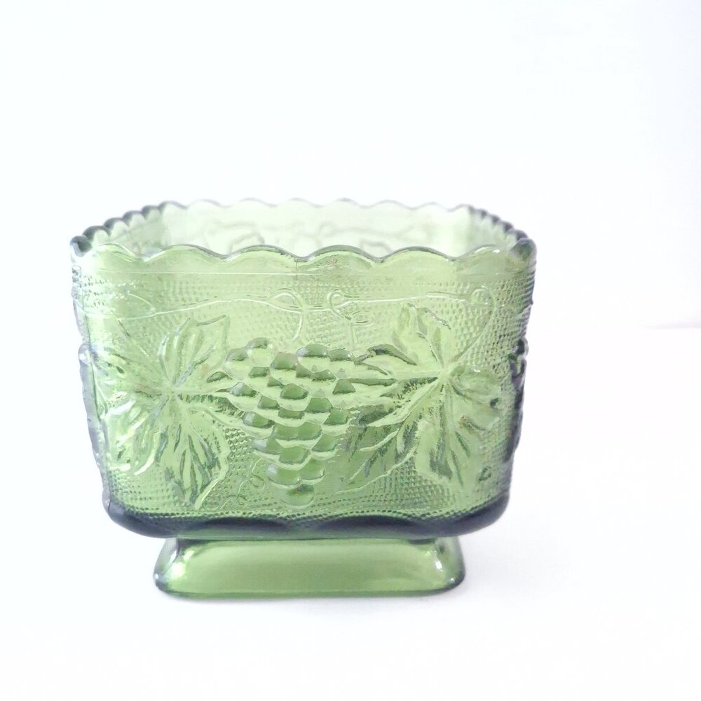 Vintage Anchor Hocking Green Pedestal Bowl Square Footed Dish Mid Century Glass